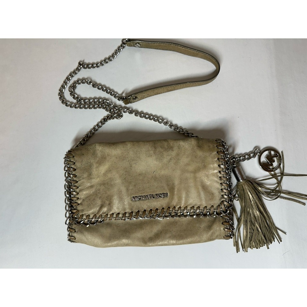 Michael Kors Chelsea Leather Beige/Brown Chain Weathered Crossbody Shoulder Bag